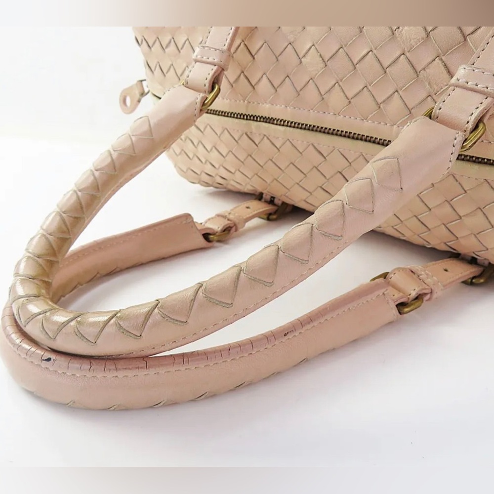 SOLD BOTTEGA VENETA Pink Woven Leather Boston Tote Shoulder Bag Purse With Key - Picture 5 of 13